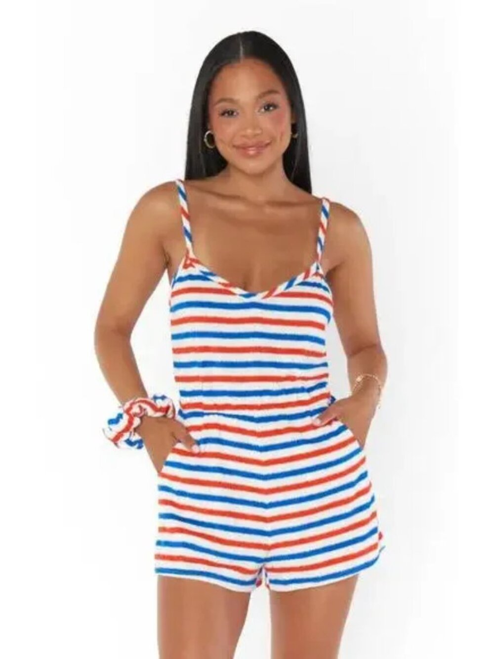 NWT Show Me Your Mumu Rory Red White Blue Striped Terry Cloth Romper Size S